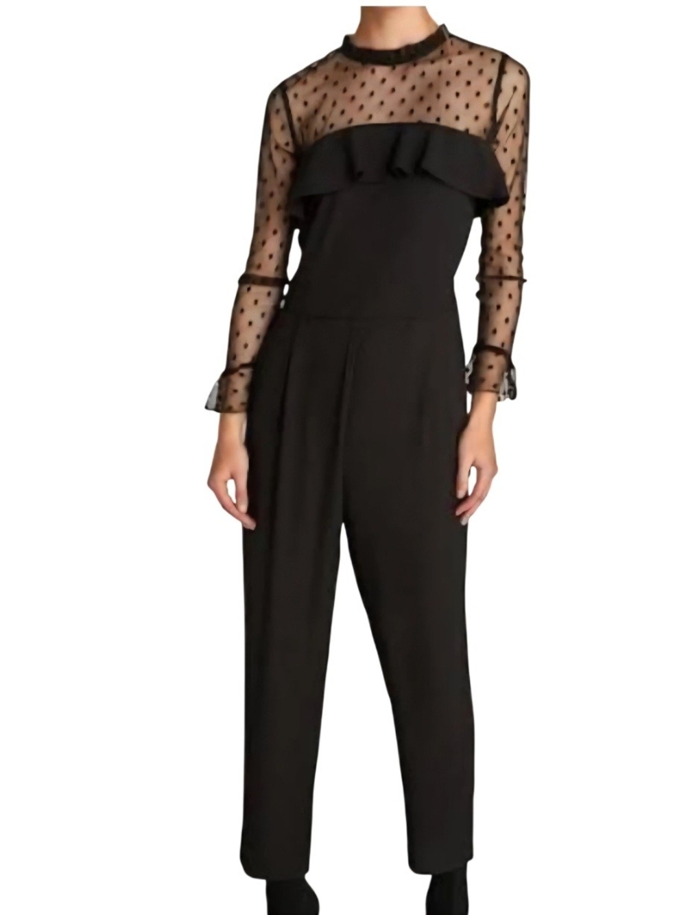 Zara Black Polka-Dot Mesh Sleeve Jumpsuit